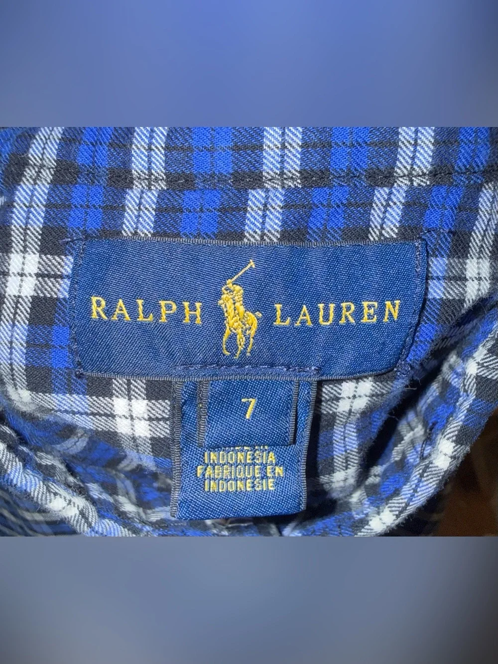 Polo Ralph Lauren Boys blue, black, and white button down, size 7, EUC